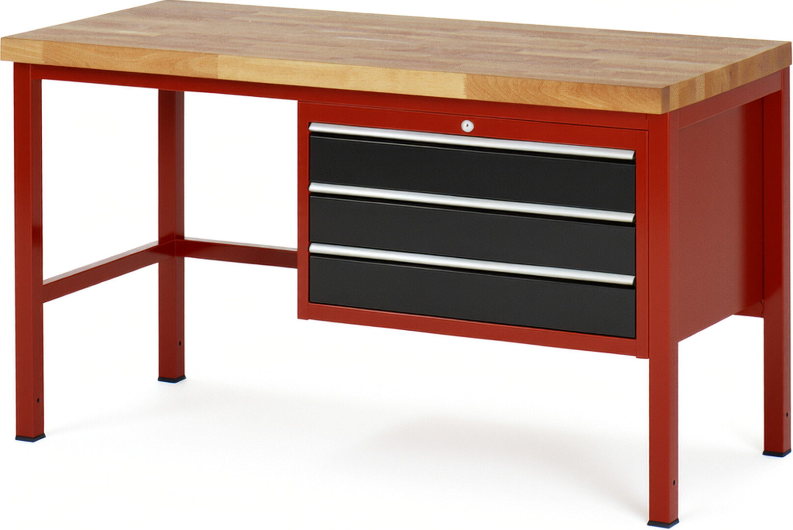 Werkbank Modell 8227 rot - schwarz, BxTxH 1500x700x840 mm,  Buche-Massiv Arbeitsplatte 40 mm,  3 Schubladen mit  Vollauszug 100 % und  SoftClosing