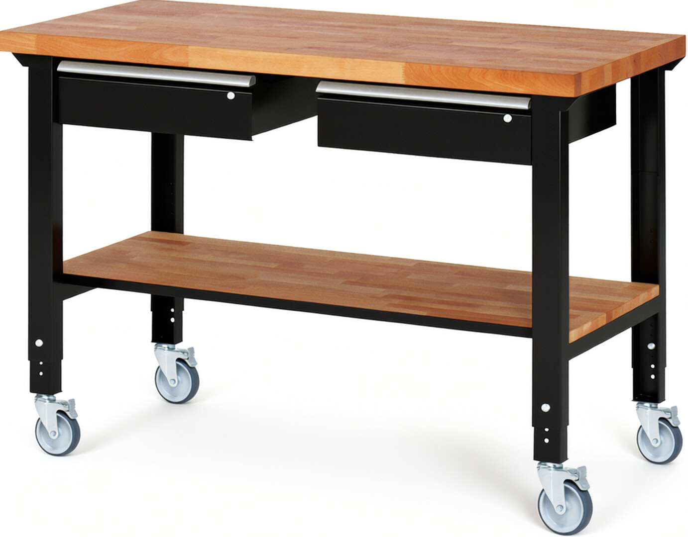 Fahrbare Werkbank Modell 7002 schwarz, BxTxH 1500x700x950-1000 mm,  Buche-Massiv Arbeitsplatte 40 mm,  2 Schubladen mit  Auszug 90 %