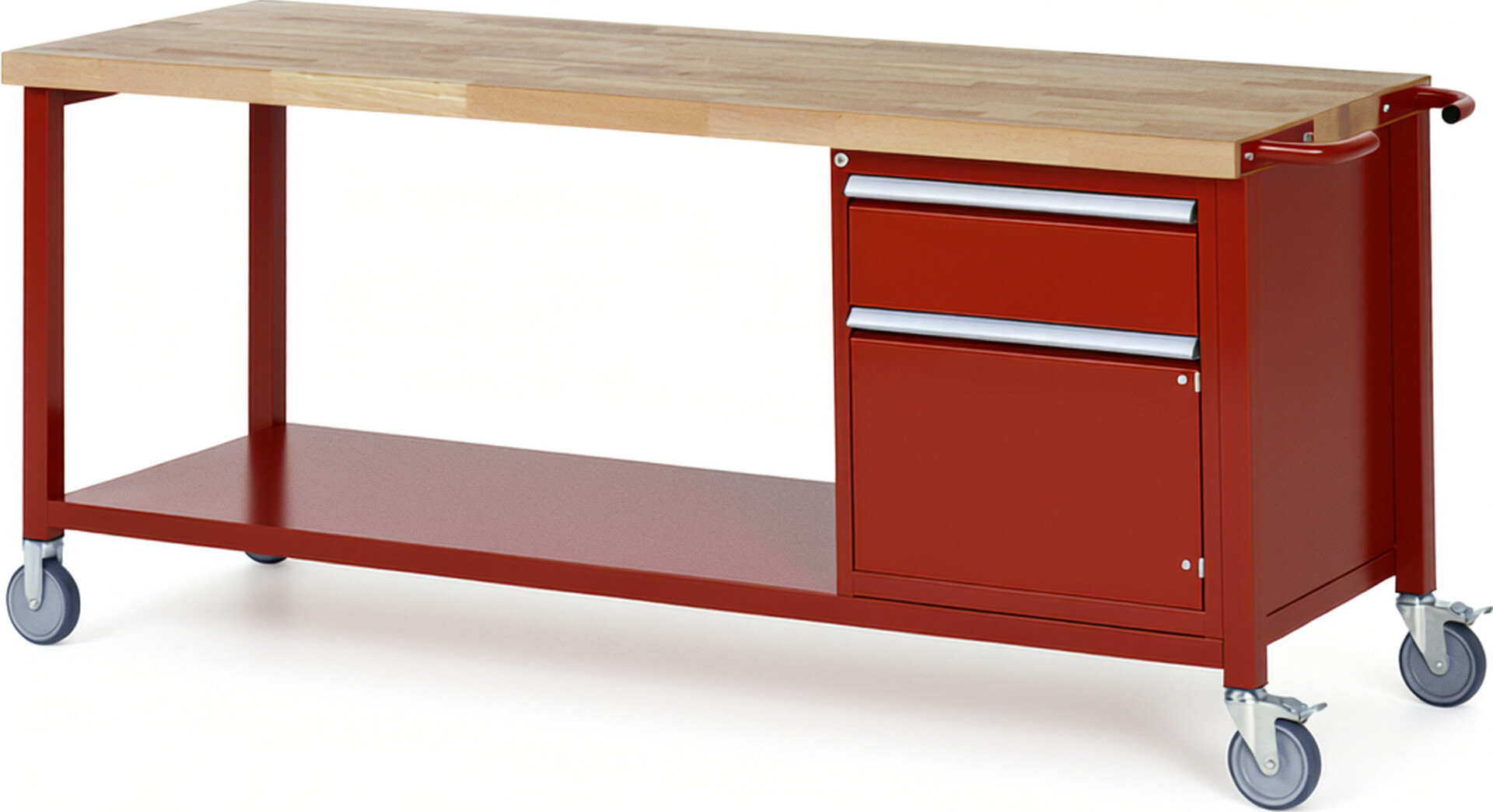 Fahrbare Werkbank Modell 8152 rot, BxTxH 2000x700x880 mm,  Buche-Massiv Arbeitsplatte 40 mm,  1 Schublade mit  Auszug 90 %
