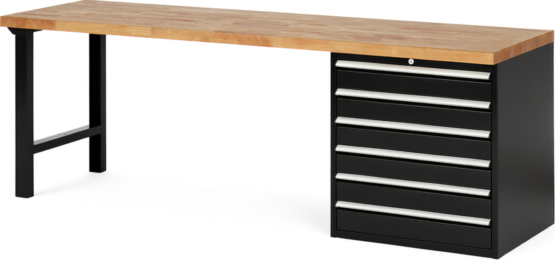 Werkbank Modell 7616 schwarz, BxTxH 2500x700x890 mm,  Buche-Massiv Arbeitsplatte 40 mm,  6 Schubladen mit  Auszug 90 %