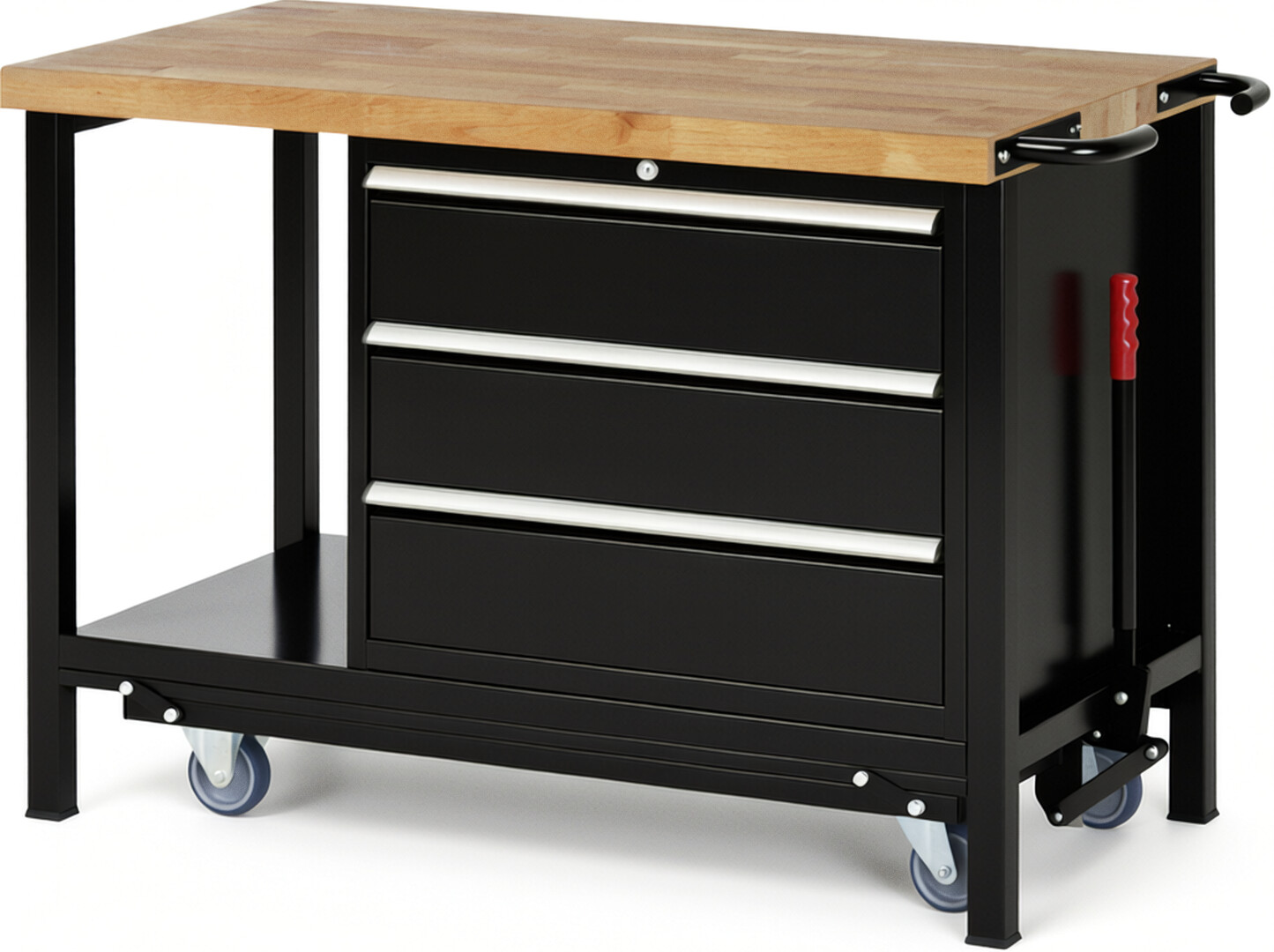 Absenkbare Werkbank Modell 8257 schwarz, BxTxH 1250x700x880 mm,  Buche-Massiv Arbeitsplatte 40 mm,  3 Schubladen mit  Auszug 90 %