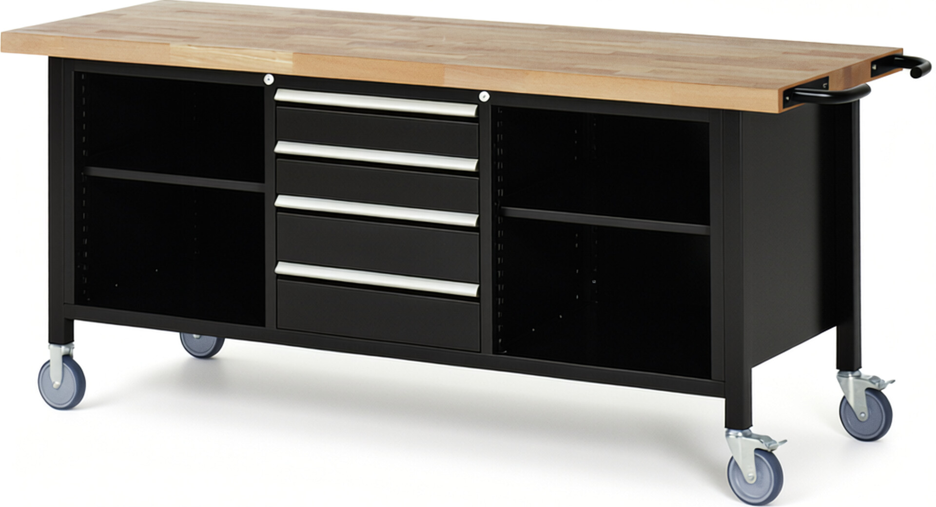Fahrbare Werkbank Modell 8566 schwarz, BxTxH 2000x700x880 mm,  Buche-Massiv Arbeitsplatte 40 mm,  4 Schubladen mit  Auszug 90 %