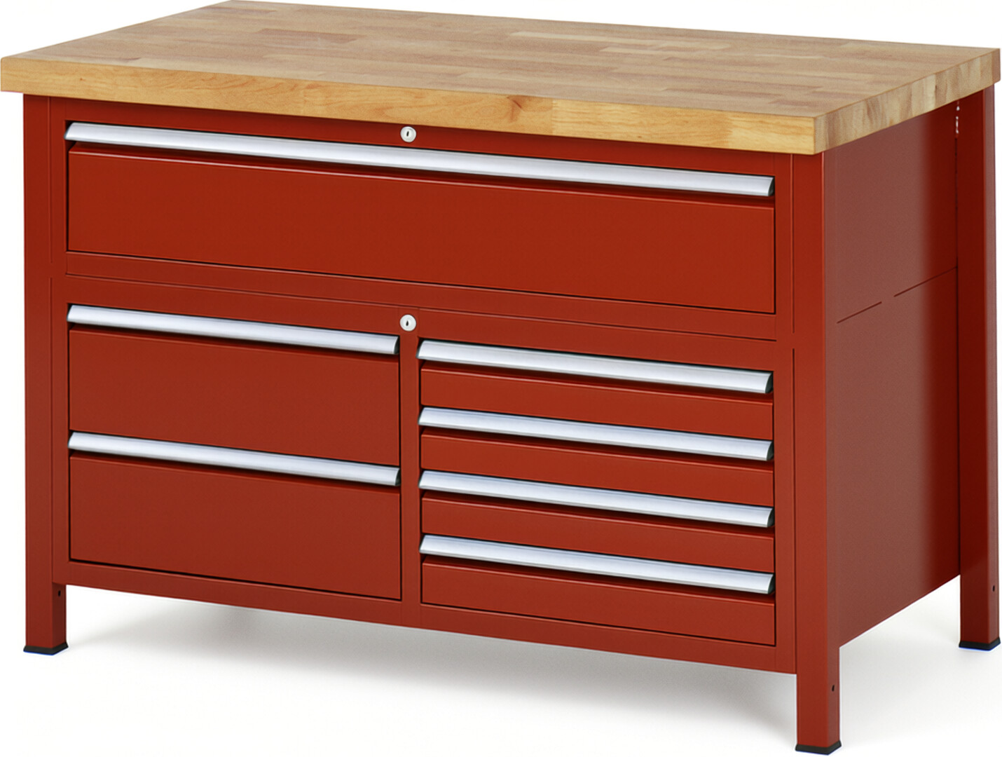 Werkbank Modell 8921 rot, BxTxH 1250x700x840-1040 mm,  Buche-Massiv Arbeitsplatte 40 mm,  7 Schubladen mit  Auszug 90 %
