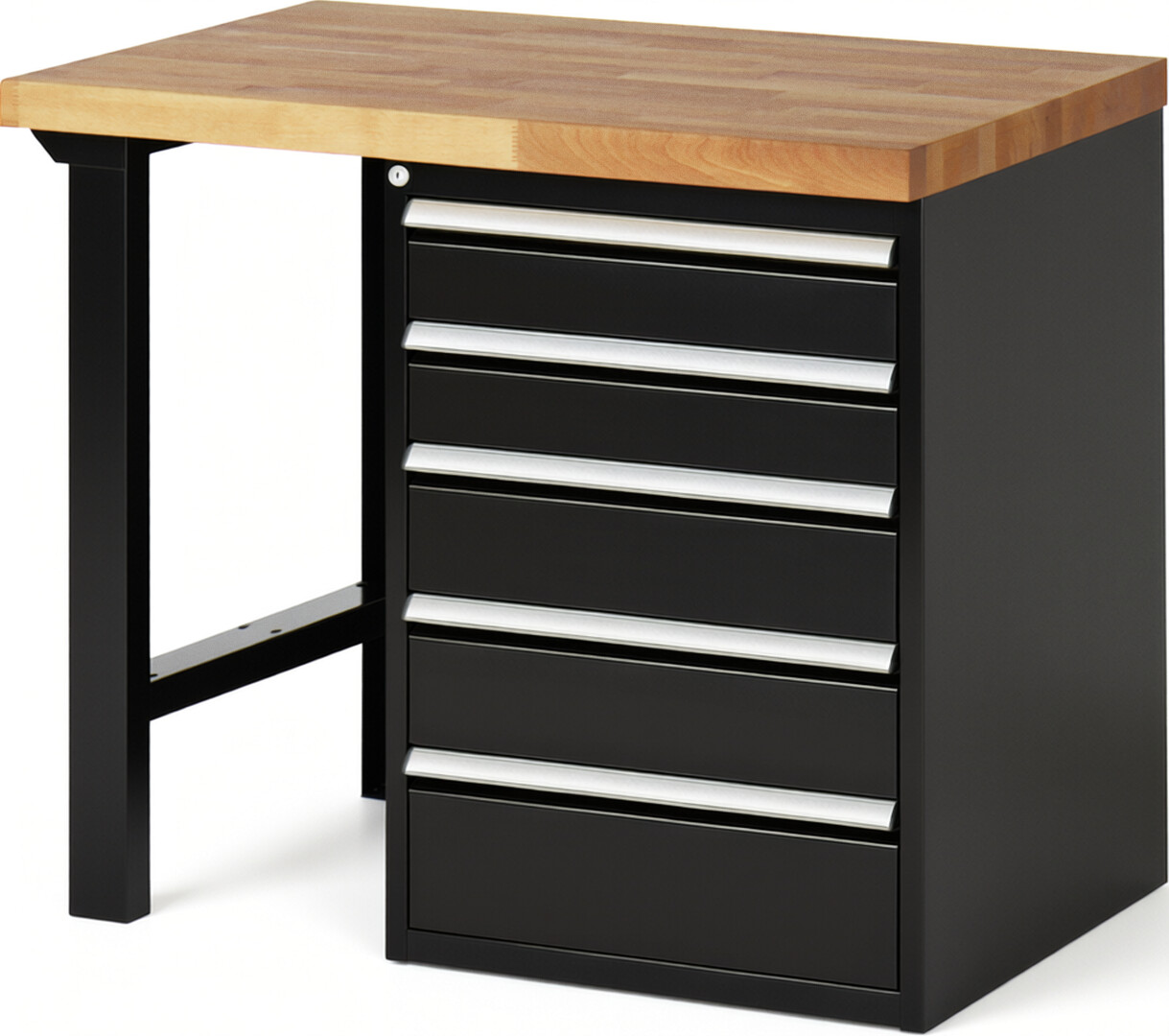 Werkbank Modell 7513 schwarz, BxTxH 1000x700x840 mm,  Buche-Massiv Arbeitsplatte 40 mm,  5 Schubladen mit  Auszug 90 %