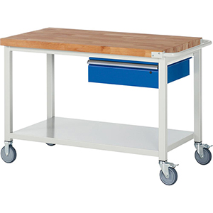 Fahrbare Werkbank, BxTxH 1250x700x880 mm, 1 Schublade 150 mm, Ablageboden, Platte Buche 40 mm, RAL 7035/5010