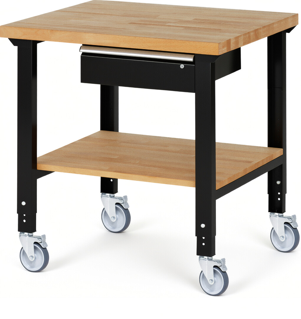 Fahrbare Werkbank Modell 7001 schwarz, BxTxH 1000x900x950-1000 mm,  Buche-Massiv Arbeitsplatte 40 mm,  1 Schublade mit  Auszug 90 %