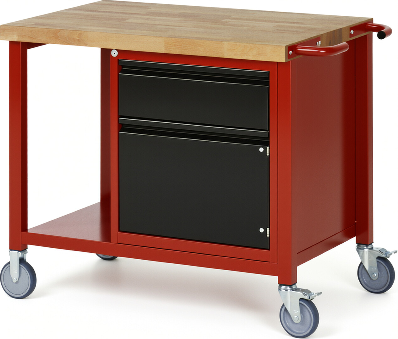 Fahrbare Werkbank - Modell 8152 BASIC rot - schwarz, BxTxH 1000x700x880 mm,  Buche-Massiv Arbeitsplatte 40 mm,  1 Schublade mit  Auszug 90 %
