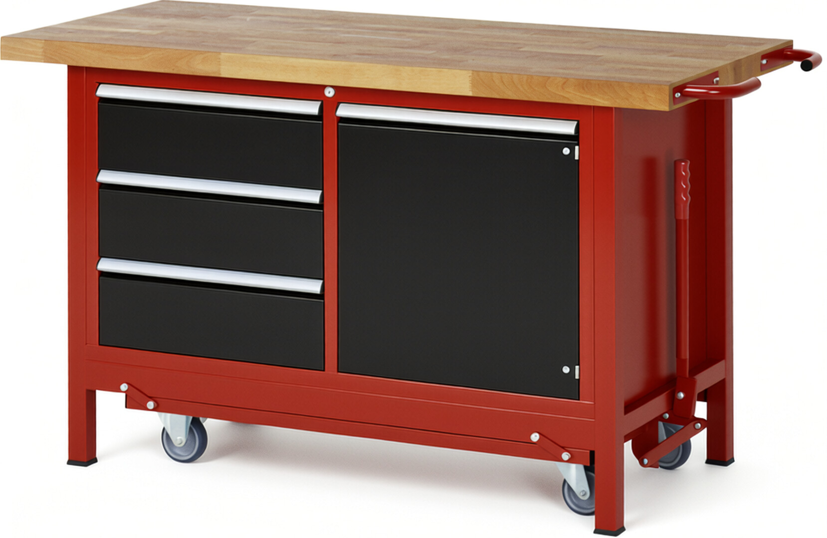 Absenkbare Werkbank Modell 8468 rot - schwarz, BxTxH 1500x700x880 mm,  Buche-Massiv Arbeitsplatte 40 mm,  3 Schubladen mit  Vollauszug 100 % und  SoftClosing