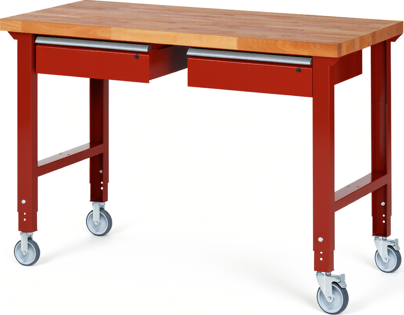 Fahrbare Werkbank Modell 7002 rot, BxTxH 1500x700x950-1000 mm,  Buche-Massiv Arbeitsplatte 40 mm,  2 Schubladen mit  Auszug 90 %