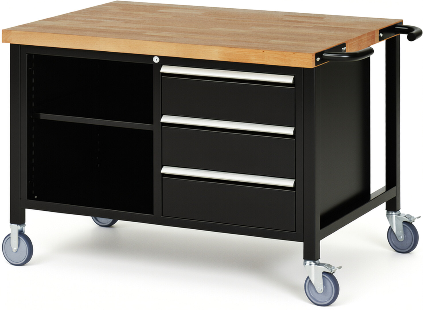 Fahrbare Werkbank Modell 8462 schwarz, BxTxH 1250x900x880 mm,  Buche-Massiv Arbeitsplatte 40 mm,  3 Schubladen mit  Auszug 90 %