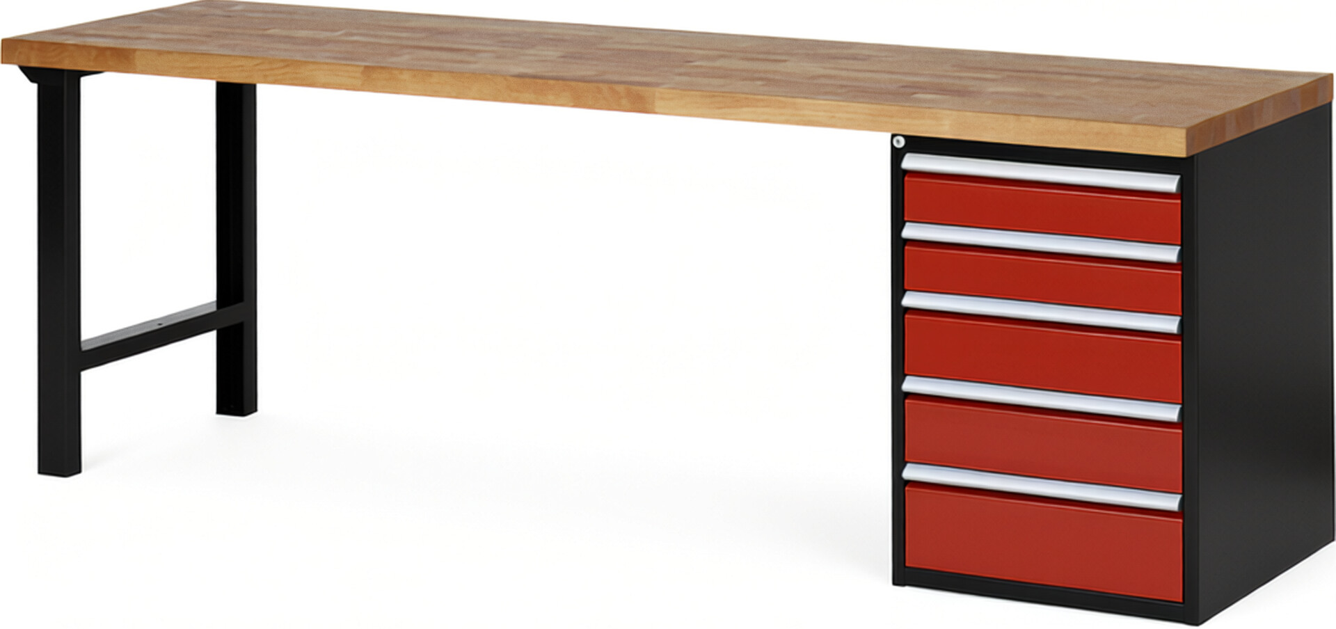 RAU Werkbank schwarz - rot - Breite 250 cm - Tiefe 70 cm - Höhe 89 cm - Buche-Massiv Arbeitsplatte 40 mm