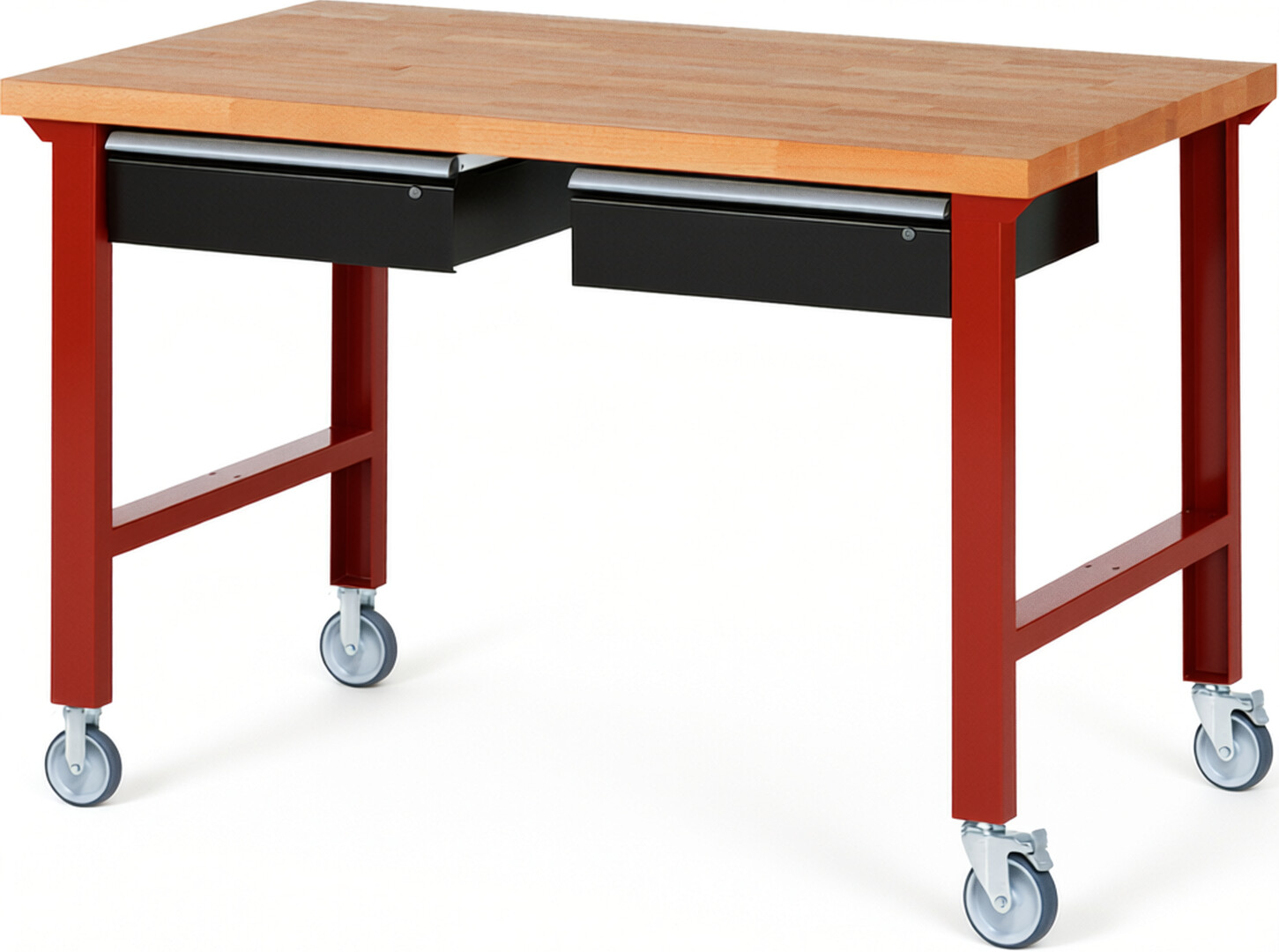 Fahrbare Werkbank Modell 7002 rot - schwarz, BxTxH 1500x900x1000 mm,  Buche-Massiv Arbeitsplatte 40 mm,  2 Schubladen mit  Auszug 90 %