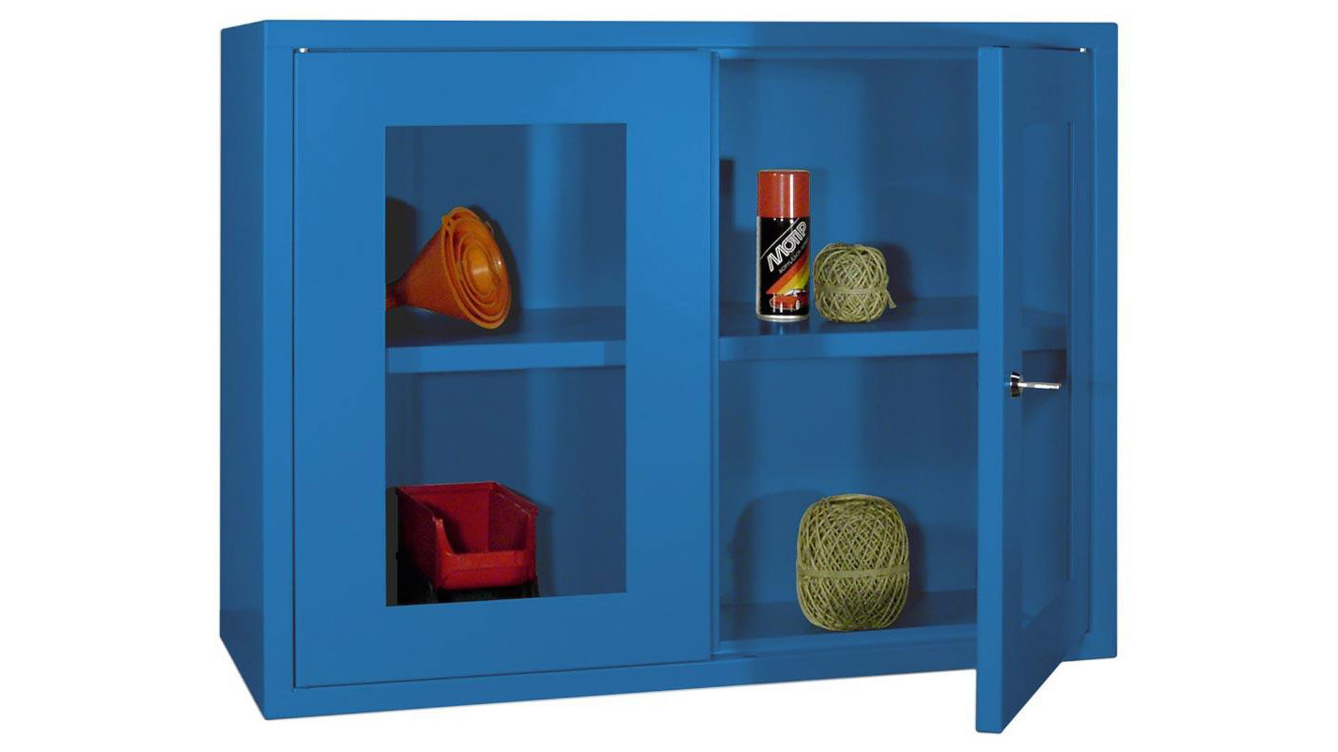 Hängeschrank aus Stahl - 2 Sichtfenstertüren - 600x800x300 mm (HxBxT) - himmelblau