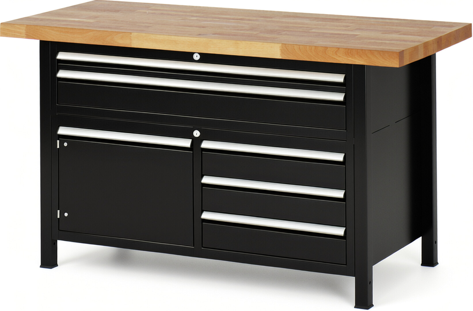 Werkbank Modell 8922 schwarz, BxTxH 1500x700x840-1040 mm,  Buche-Massiv Arbeitsplatte 40 mm,  5 Schubladen mit  Auszug 90 %