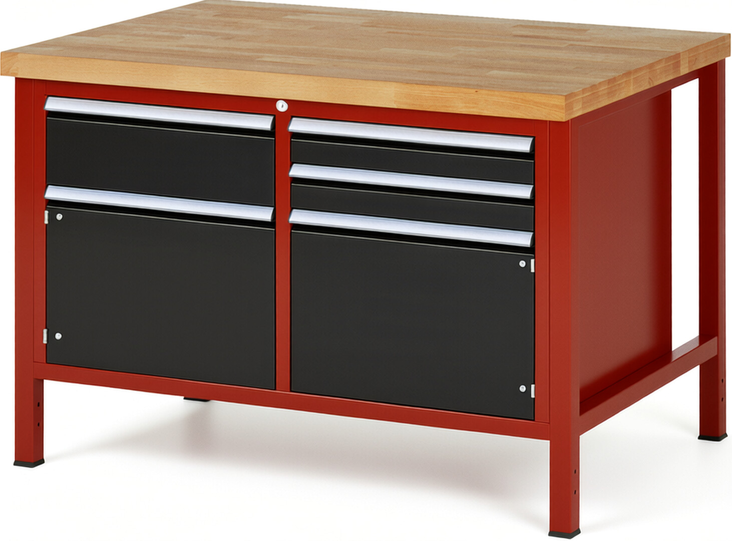 RAU Werkbank rot - schwarz - Breite 125 cm - Tiefe 90 cm - Höhe 84 cm - Buche-Massiv Arbeitsplatte 40 mm