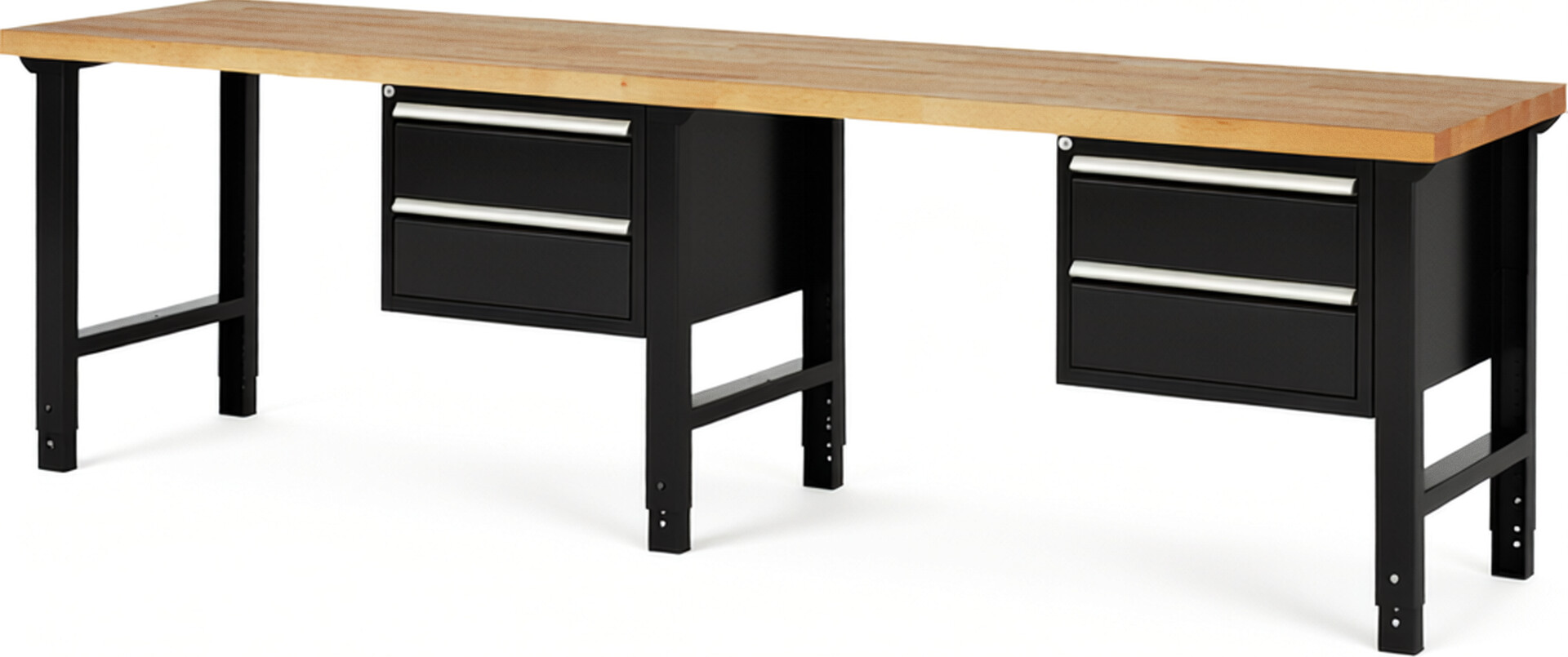 Werkbank Modell 7125 schwarz, BxTxH 3000x700x790-1140 mm,  Buche-Massiv Arbeitsplatte 40 mm,  4 Schubladen mit  Auszug 90 %