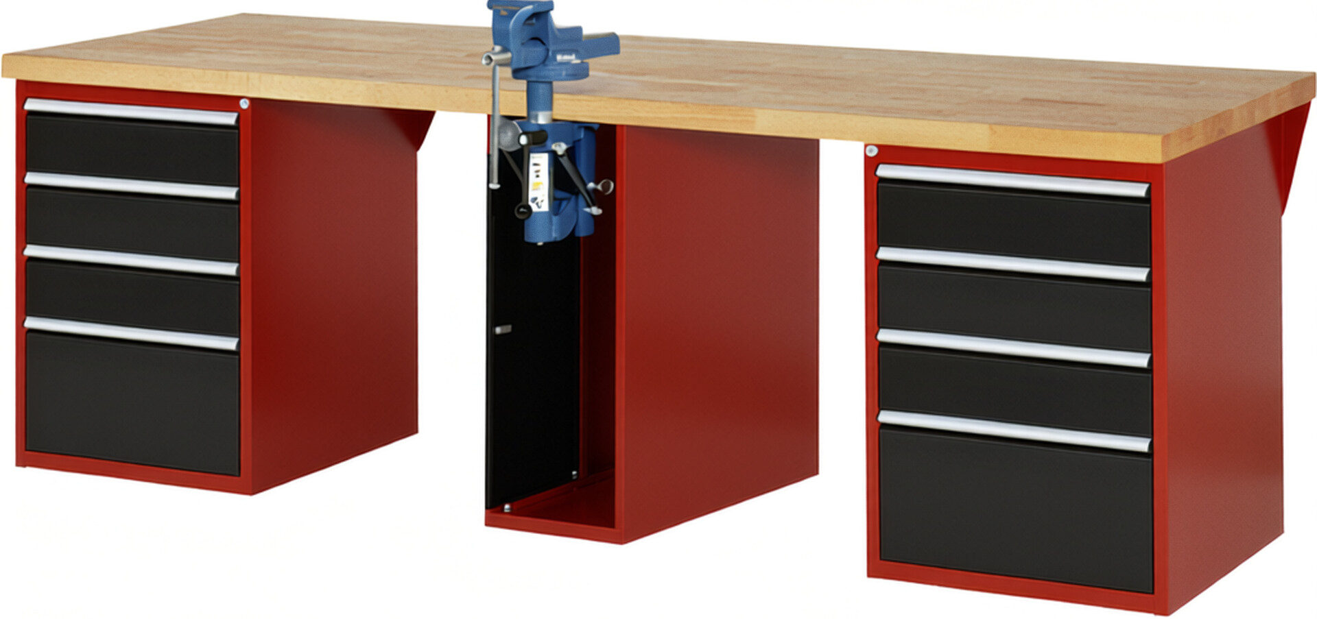Werkbank Modell 7510 rot - schwarz, BxTxH 2500x900x840 mm,  Buche-Massiv Arbeitsplatte 40 mm,  8 Schubladen mit  Auszug 90 %