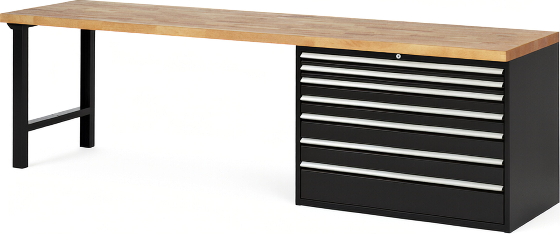Werkbank Modell 7717 schwarz, BxTxH 3000x700x890 mm,  Buche-Massiv Arbeitsplatte 40 mm,  7 Schubladen mit  Auszug 90 %