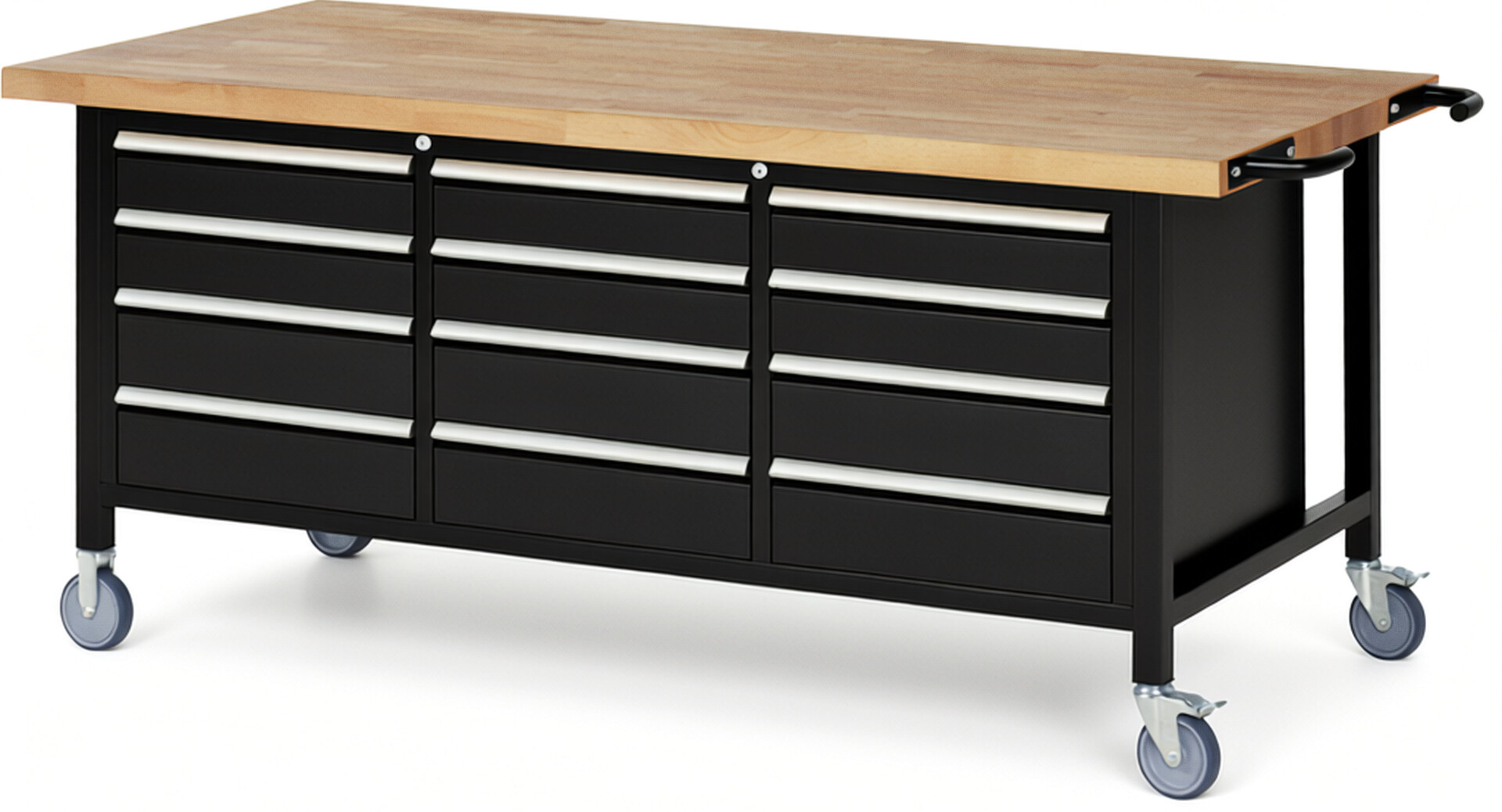 Fahrbare Werkbank Modell 8579 schwarz, BxTxH 2000x900x880 mm,  Buche-Massiv Arbeitsplatte 40 mm,  12 Schubladen mit  Vollauszug 100 % und  SoftClosing