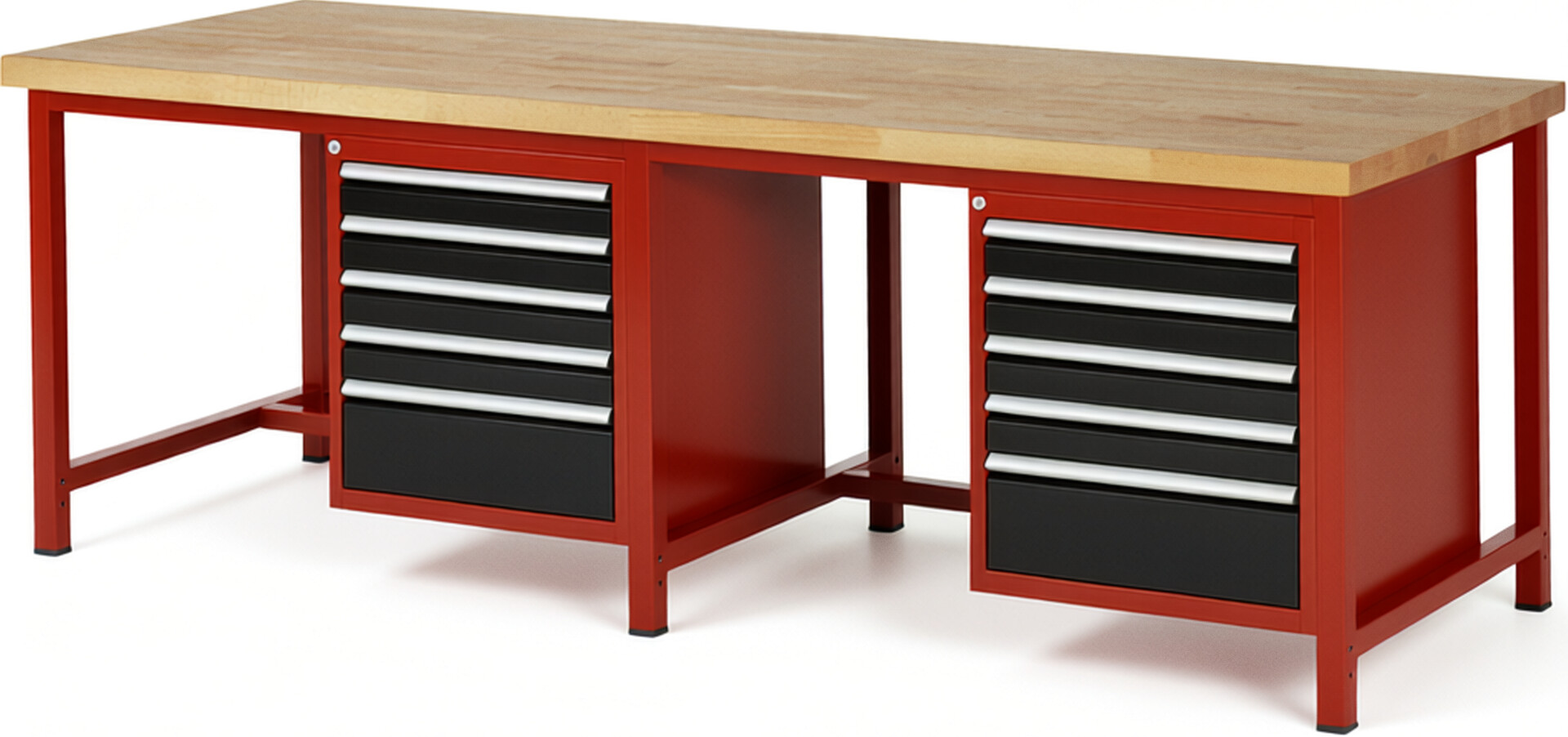 Werkbank Modell 8168 rot - schwarz, BxTxH 2500x900x840-1040 mm,  Buche-Massiv Arbeitsplatte 40 mm,  10 Schubladen mit  Auszug 90 %