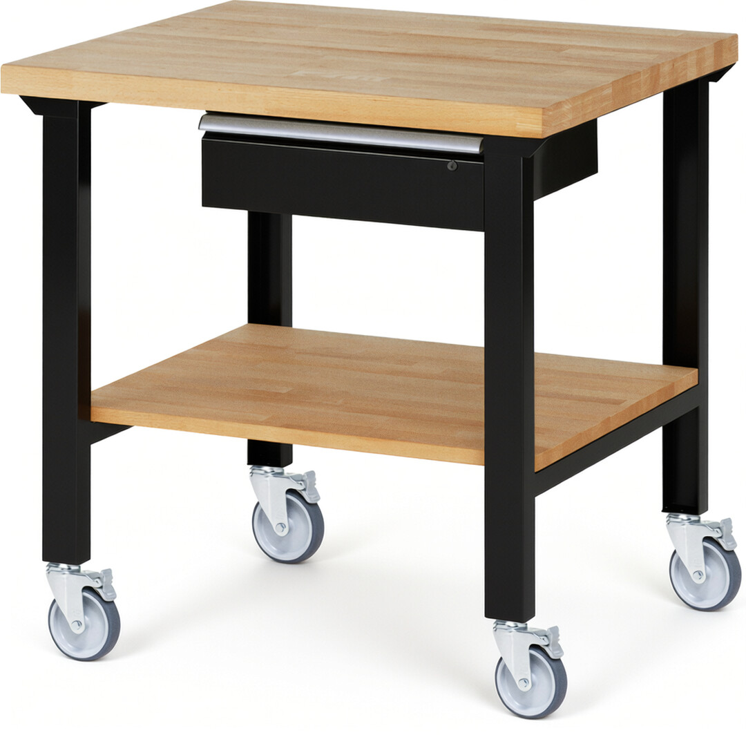Fahrbare Werkbank Modell 7001 schwarz, BxTxH 1000x900x1000 mm,  Buche-Massiv Arbeitsplatte 40 mm,  1 Schublade mit  Auszug 90 %
