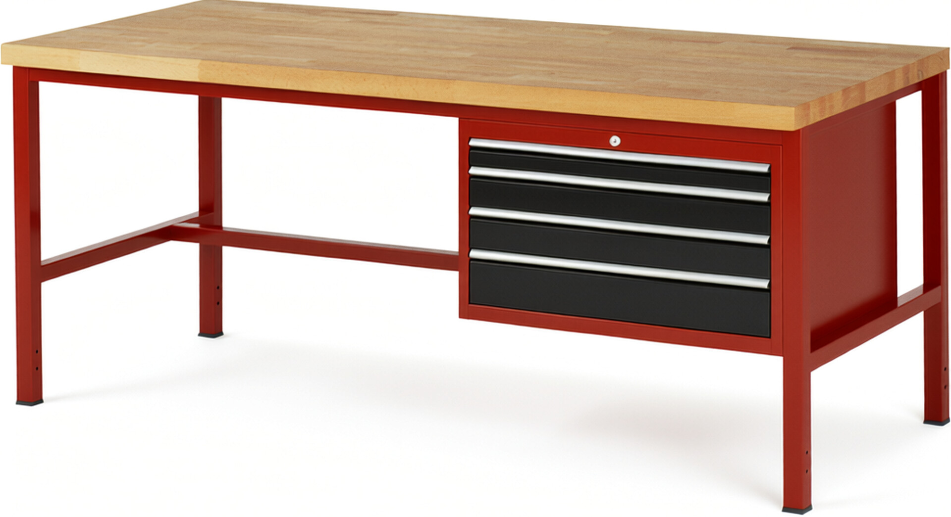 Werkbank Modell 8232 rot - schwarz, BxTxH 2000x900x840 mm,  Buche-Massiv Arbeitsplatte 40 mm,  4 Schubladen mit  Auszug 90 %