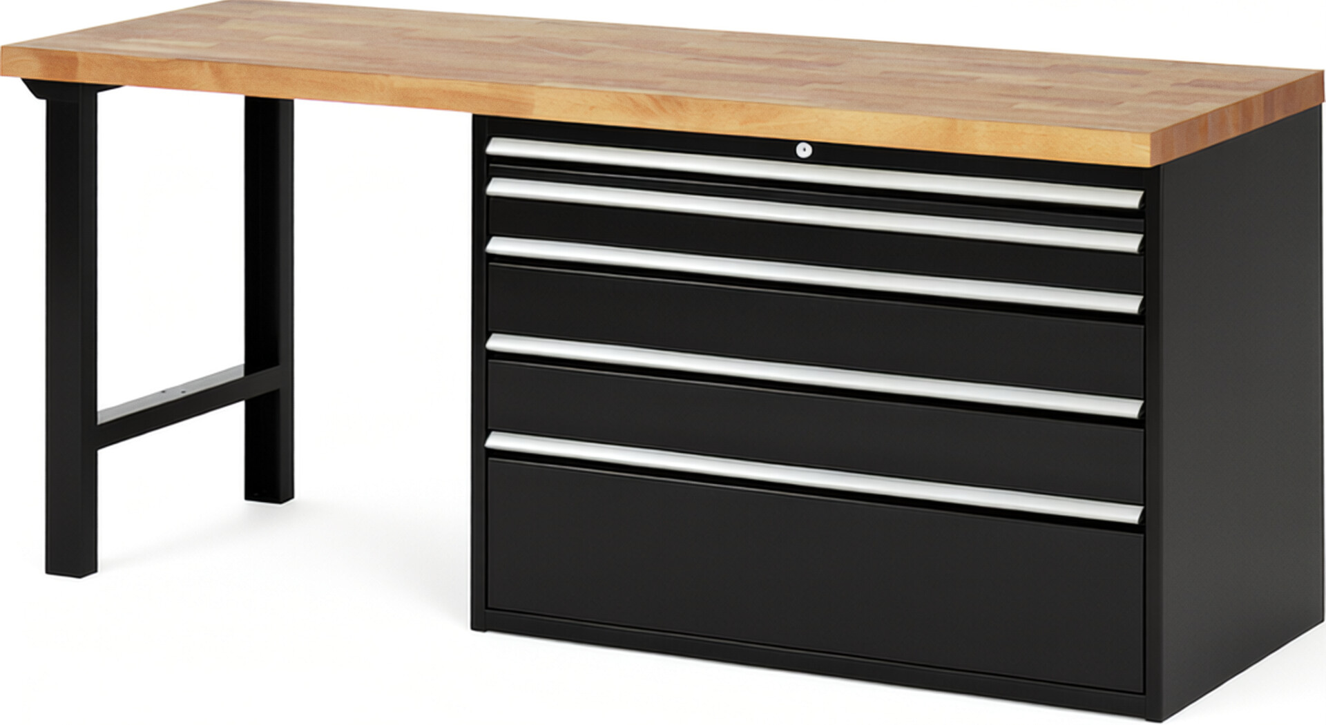 Werkbank Modell 7711 schwarz, BxTxH 2000x700x890 mm,  Buche-Massiv Arbeitsplatte 40 mm,  5 Schubladen mit  Auszug 90 %