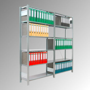 Aktenregal mit Holzböden, Büroregal - Fachbodenregal mit Tiefenriegel - 80 kg - (HxBxT) 2.000 x 875 x 600 mm - Grundregal - verzinkt