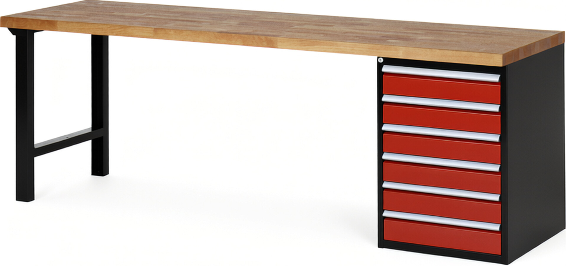 RAU Werkbank schwarz - rot - Breite 250 cm - Tiefe 70 cm - Höhe 89 cm - Buche-Massiv Arbeitsplatte 40 mm