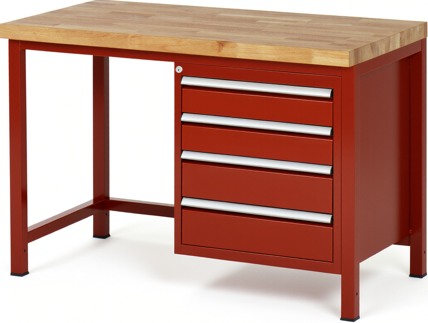 Werkbank Modell 8162 rot, BxTxH 1250x700x840-1040 mm,  Buche-Massiv Arbeitsplatte 40 mm,  4 Schubladen mit  Vollauszug 100 % und  SoftClosing