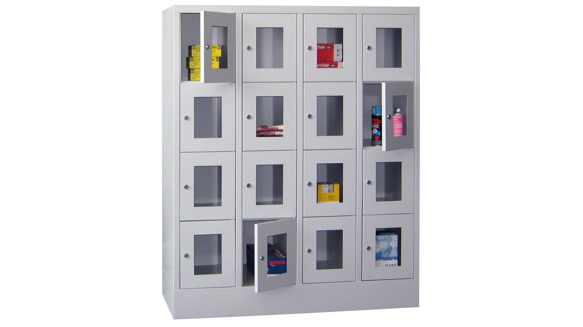 Fächerschränke mit Sichtfenstertüren, Breite 120 cm, Höhe 151,8 cm, Tiefe 50 cm, 4x4 Fächer