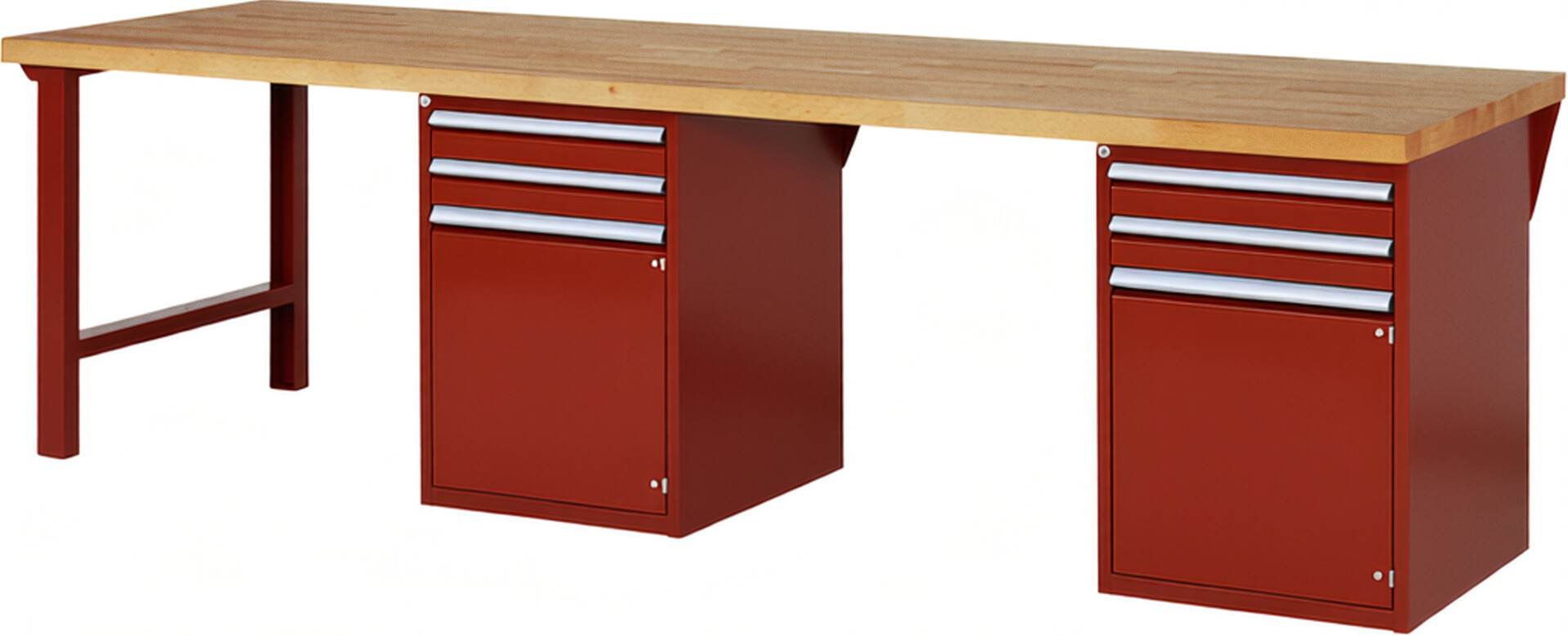 Werkbank Modell 7503 rot, BxTxH 3000x900x890 mm,  Buche-Massiv Arbeitsplatte 40 mm,  4 Schubladen mit  Vollauszug 100 % und  SoftClosing