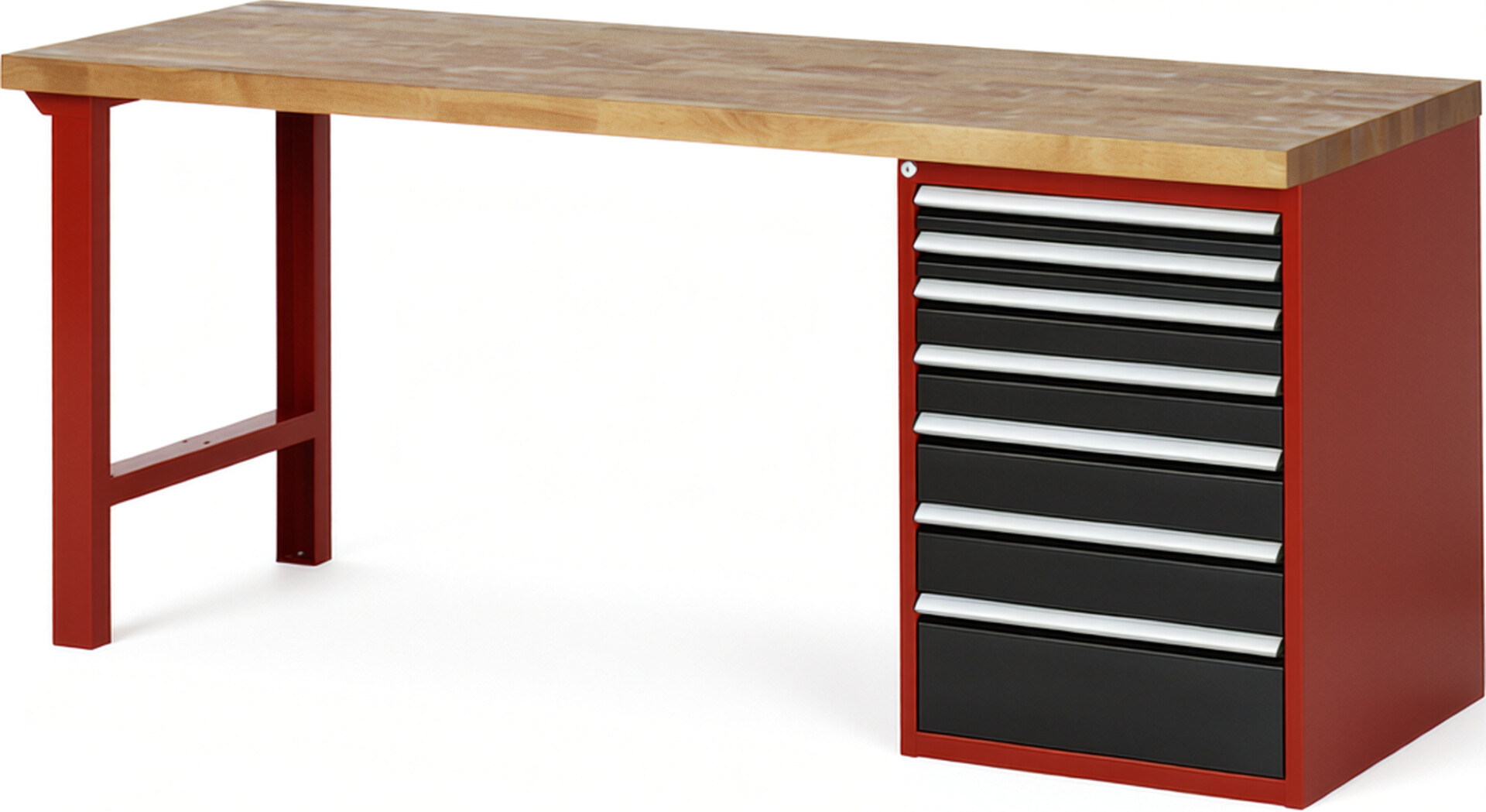 Werkbank Modell 7517 rot - schwarz, BxTxH 2000x700x890 mm,  Buche-Massiv Arbeitsplatte 40 mm,  7 Schubladen mit  Vollauszug 100 % und  SoftClosing