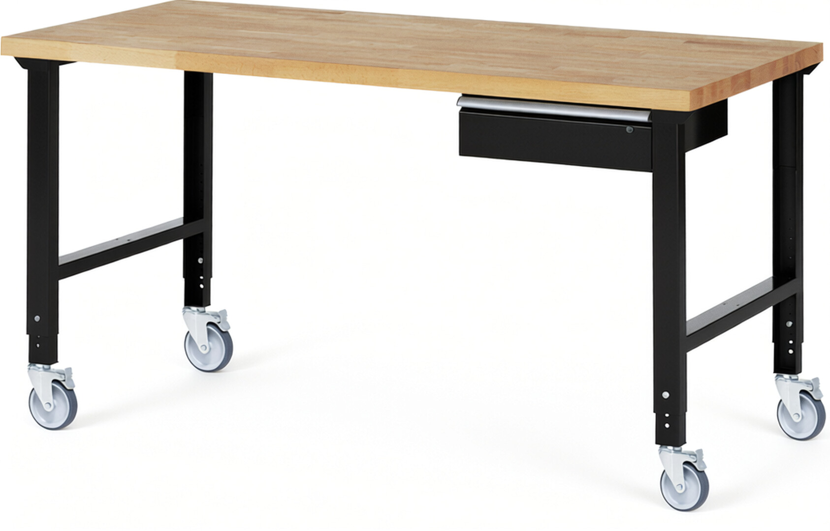 Fahrbare Werkbank Modell 7001 schwarz, BxTxH 2000x900x950-1000 mm,  Buche-Massiv Arbeitsplatte 40 mm,  1 Schublade mit  Auszug 90 %