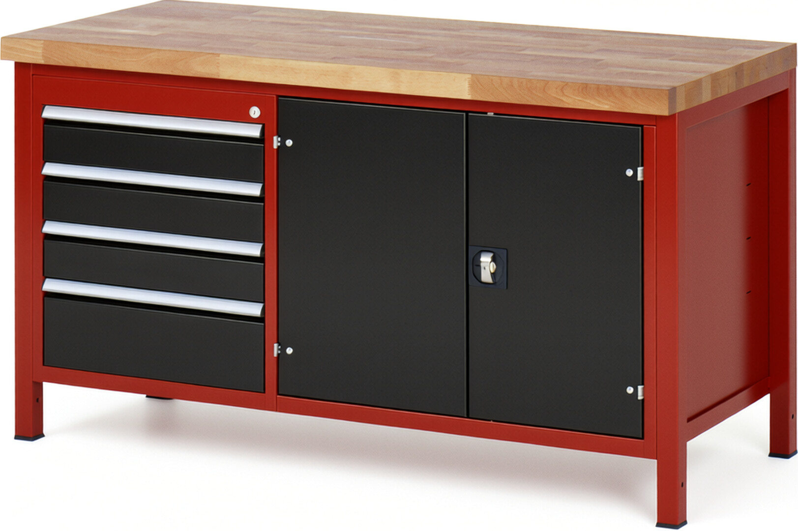 Werkbank Modell 8905 rot - schwarz, BxTxH 1500x700x840-1040 mm,  Buche-Massiv Arbeitsplatte 40 mm,  4 Schubladen mit  Auszug 90 %