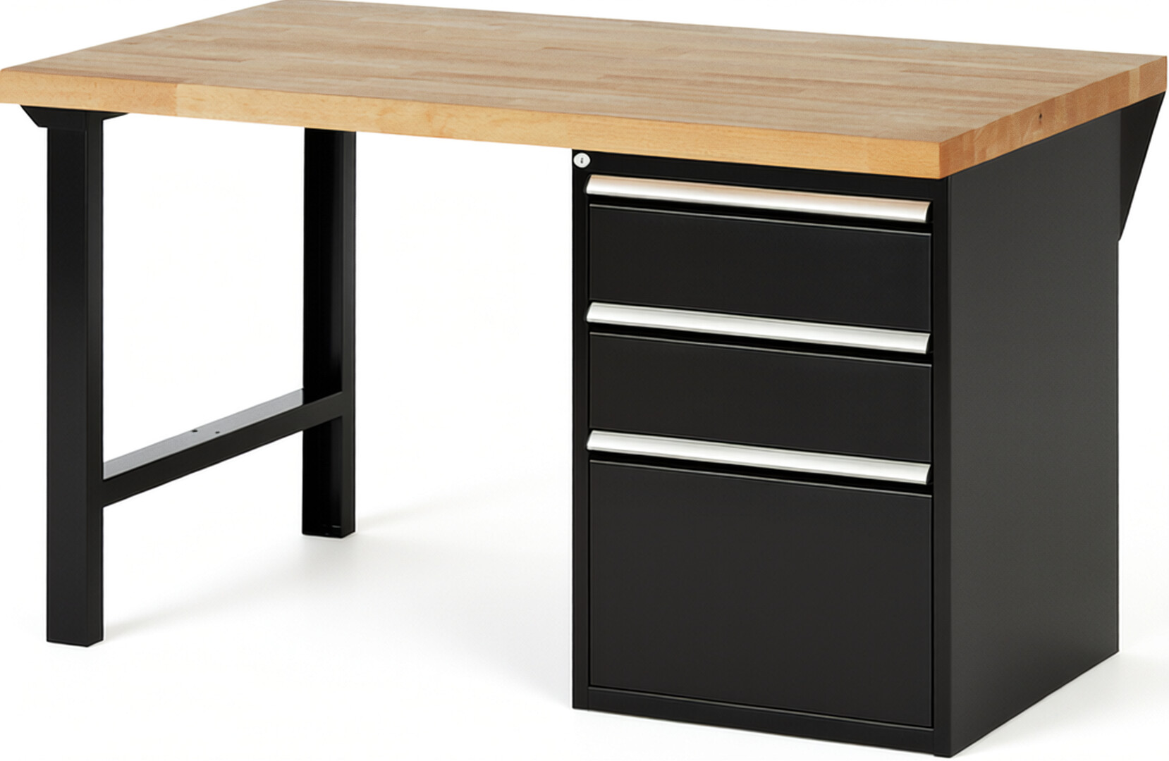 Werkbank Modell 7507 schwarz, BxTxH 1500x900x890 mm,  Buche-Massiv Arbeitsplatte 40 mm,  3 Schubladen mit  Vollauszug 100 % und  SoftClosing