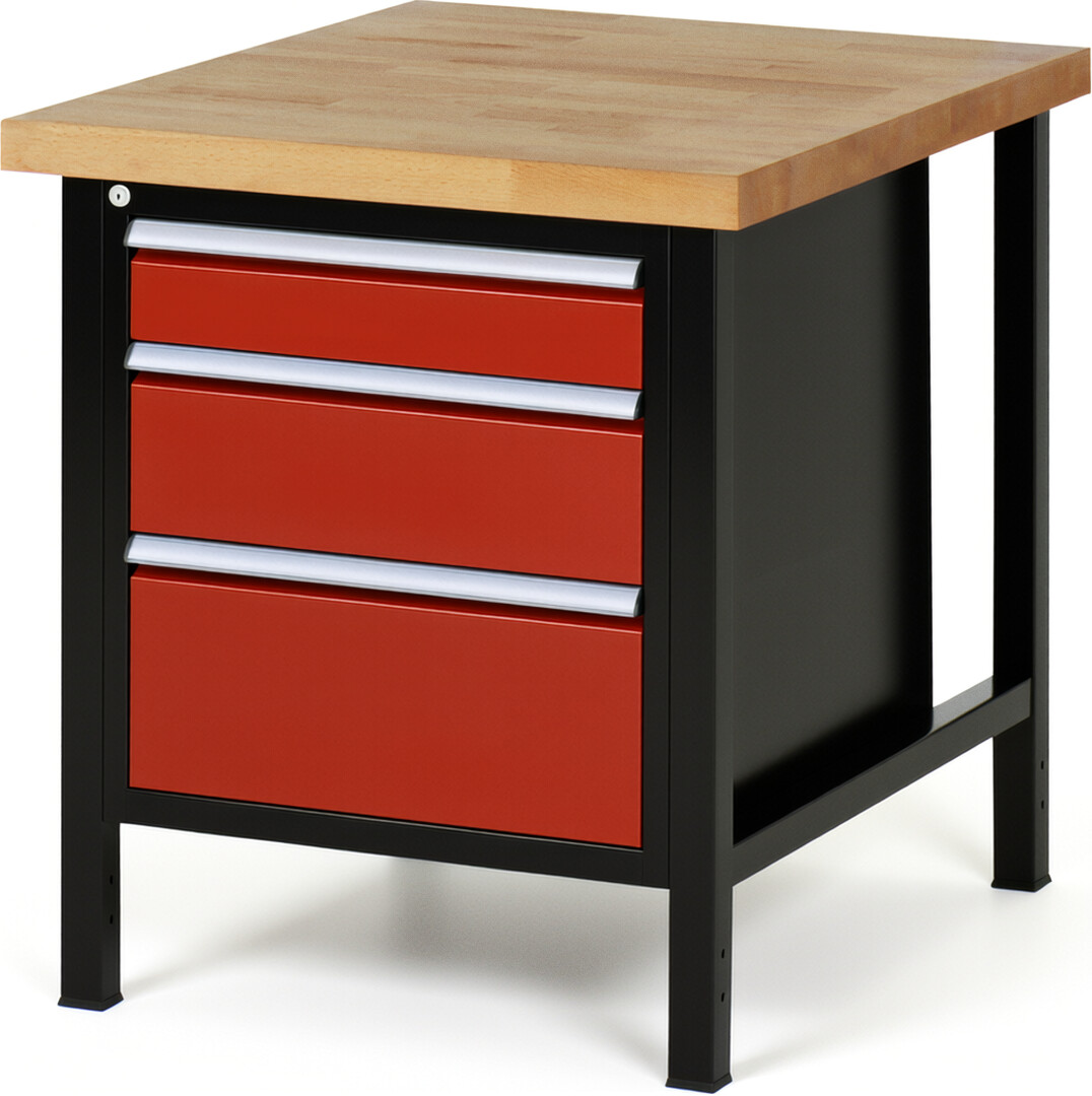 RAU Werkbank schwarz - rot - Breite 75 cm - Tiefe 90 cm - Höhe 104 cm - Buche-Massiv Arbeitsplatte 40 mm