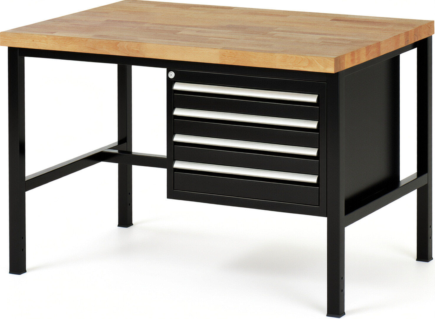 Werkbank Modell 8133 schwarz, BxTxH 1250x900x840 mm,  Buche-Massiv Arbeitsplatte 40 mm,  4 Schubladen mit  Auszug 90 %