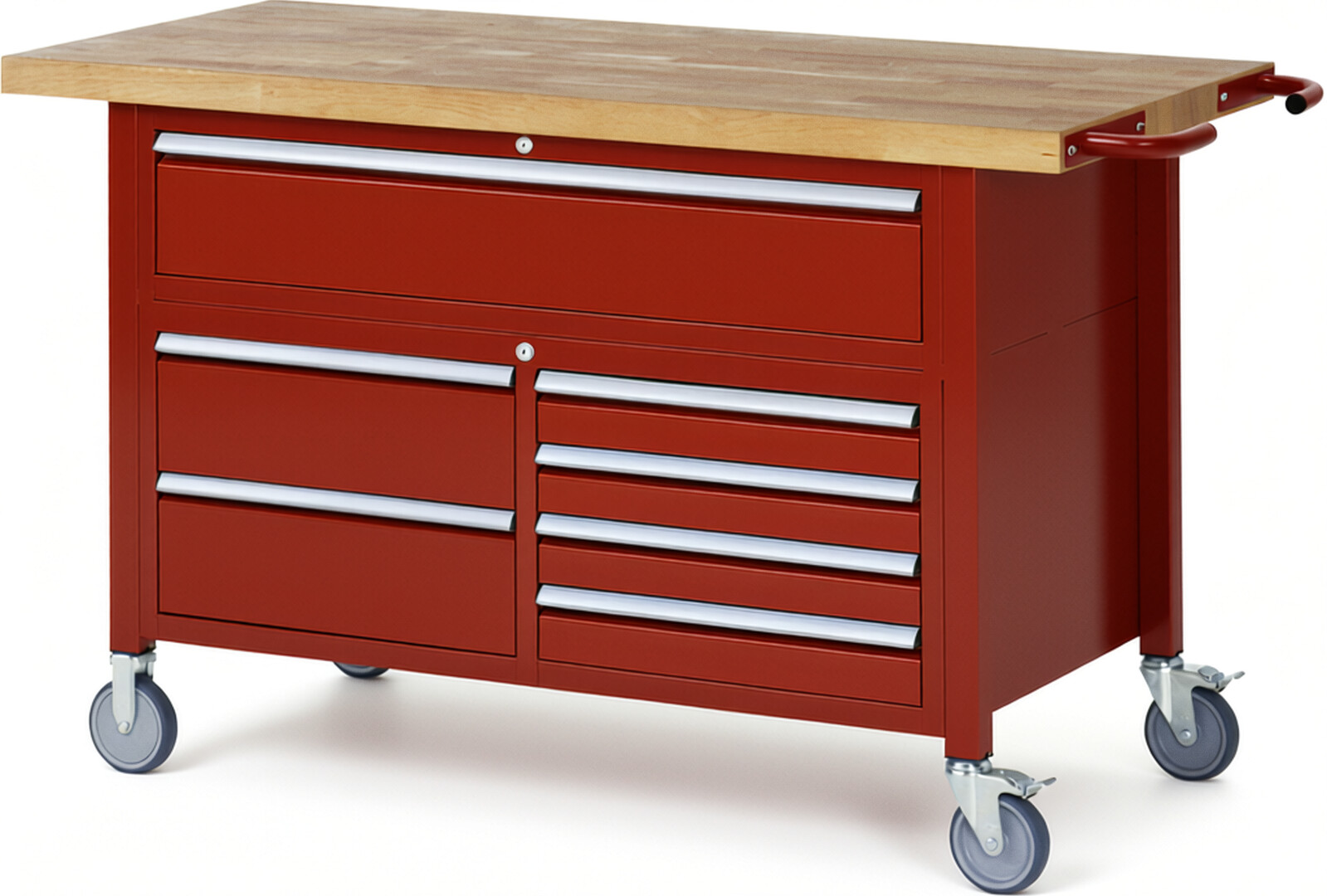 Fahrbare Werkbank Modell 8921 rot, BxTxH 1500x700x920-1120 mm,  Buche-Massiv Arbeitsplatte 40 mm,  7 Schubladen mit  Vollauszug 100 % und  SoftClosing