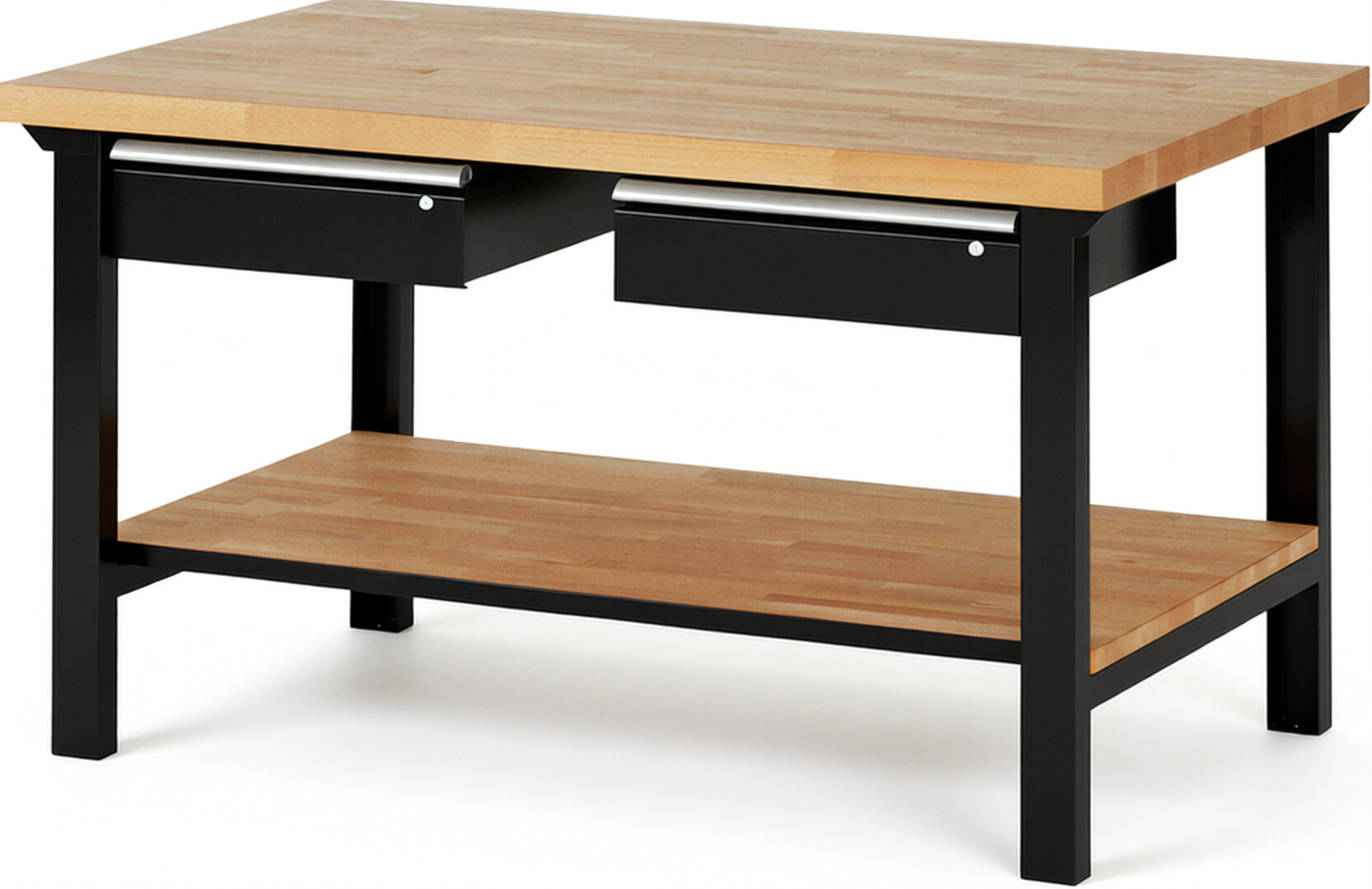 Werkbank Modell 7002 schwarz, BxTxH 1500x900x840 mm,  Buche-Massiv Arbeitsplatte 40 mm,  2 Schubladen mit  Auszug 90 %