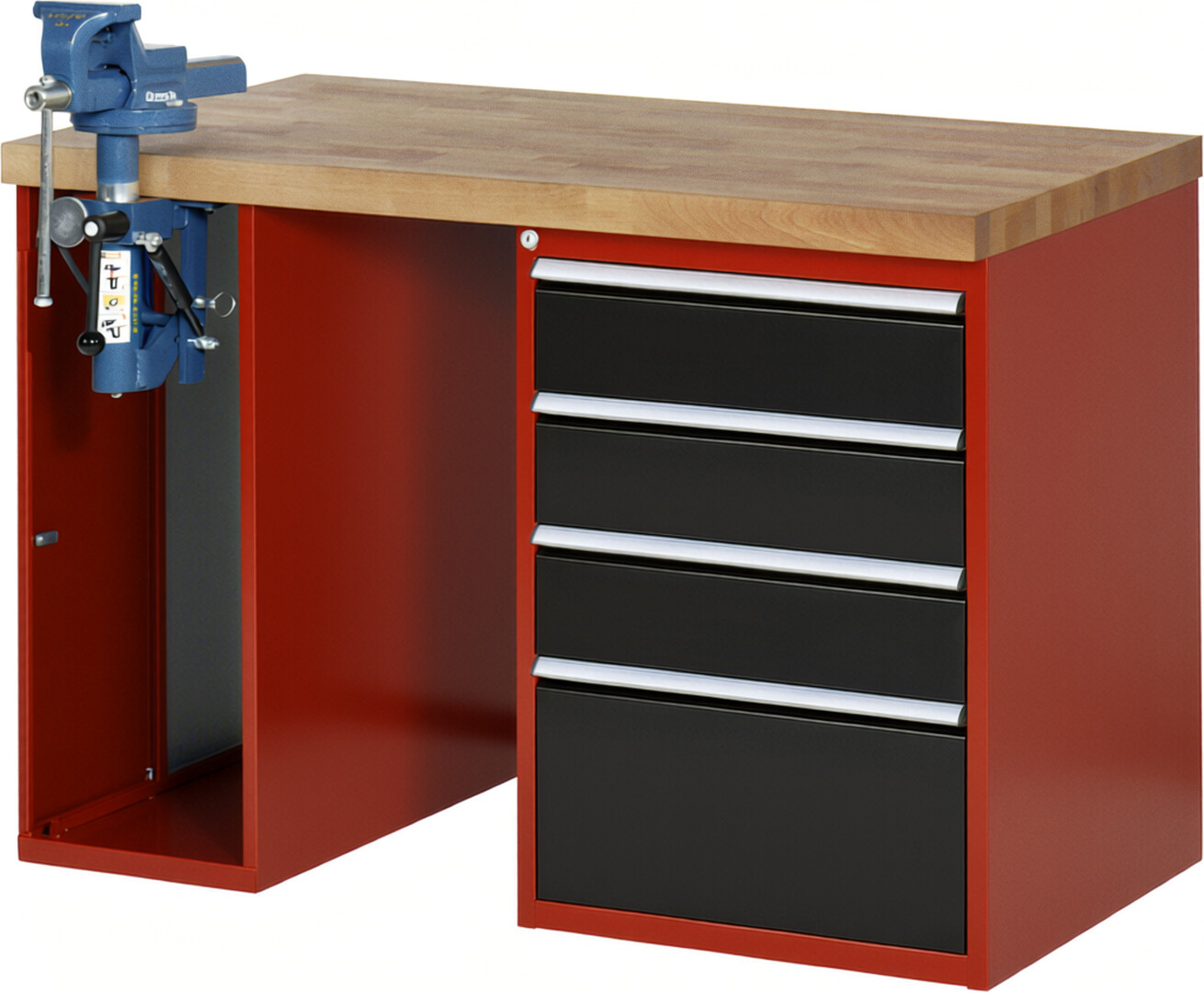 Werkbank Modell 7510 rot - schwarz, BxTxH 1250x700x890 mm,  Buche-Massiv Arbeitsplatte 40 mm,  4 Schubladen mit  Vollauszug 100 % und  SoftClosing