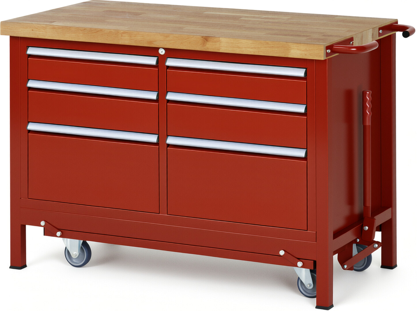 Absenkbare Werkbank Modell 8475 rot, BxTxH 1250x700x880 mm,  Buche-Massiv Arbeitsplatte 40 mm,  6 Schubladen mit  Auszug 90 %