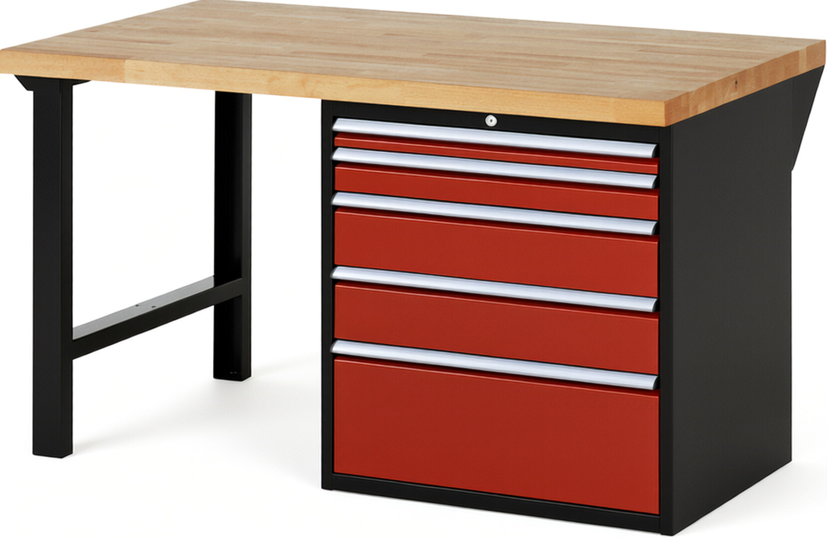 RAU Werkbank schwarz - rot - Breite 150 cm - Tiefe 90 cm - Höhe 89 cm - Buche-Massiv Arbeitsplatte 40 mm
