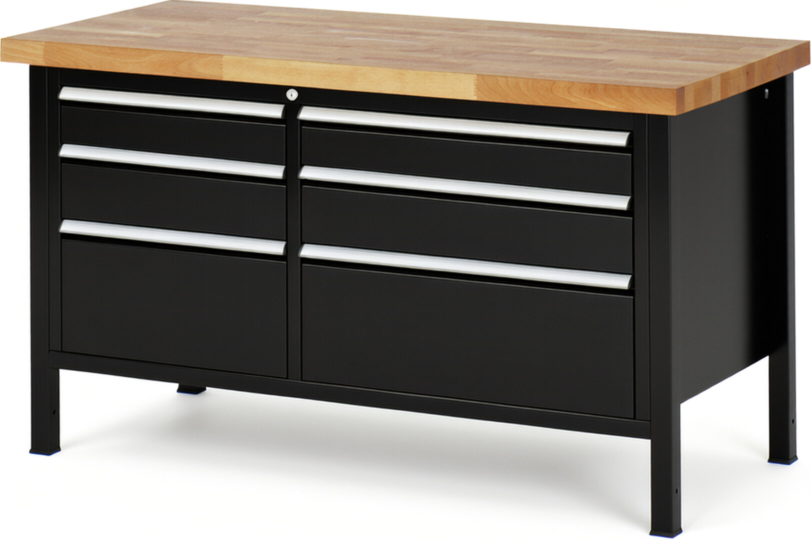Werkbank Modell 8652 schwarz, BxTxH 1500x700x840 mm,  Buche-Massiv Arbeitsplatte 40 mm,  6 Schubladen mit  Auszug 90 %