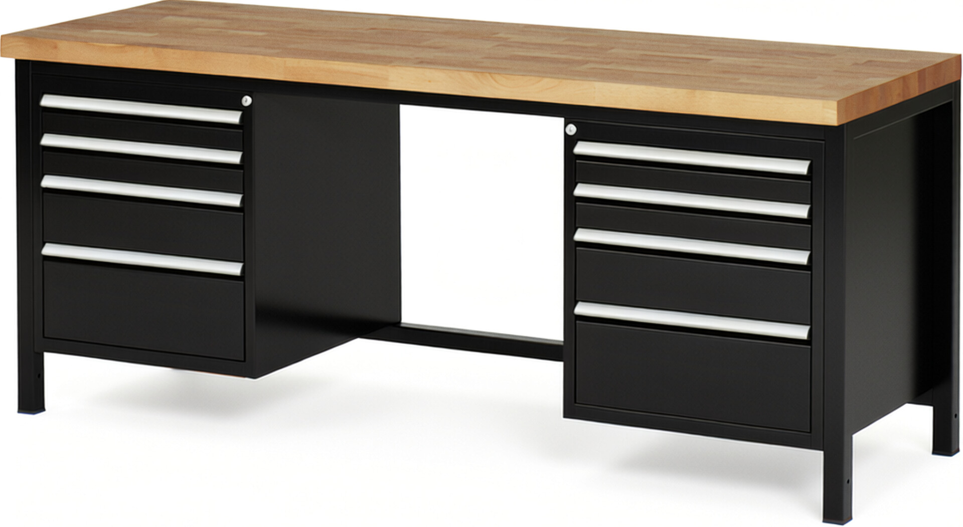 Werkbank Modell 8182 schwarz, BxTxH 2000x700x840-1040 mm,  Buche-Massiv Arbeitsplatte 40 mm,  8 Schubladen mit  Auszug 90 %