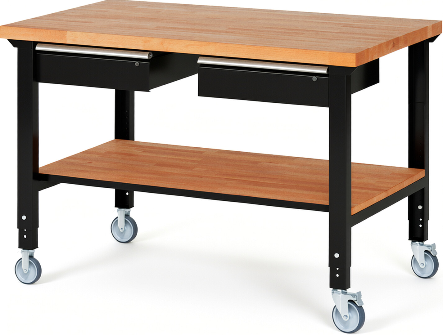 Fahrbare Werkbank Modell 7002 schwarz, BxTxH 1500x900x950-1000 mm,  Buche-Massiv Arbeitsplatte 40 mm,  2 Schubladen mit  Auszug 90 %