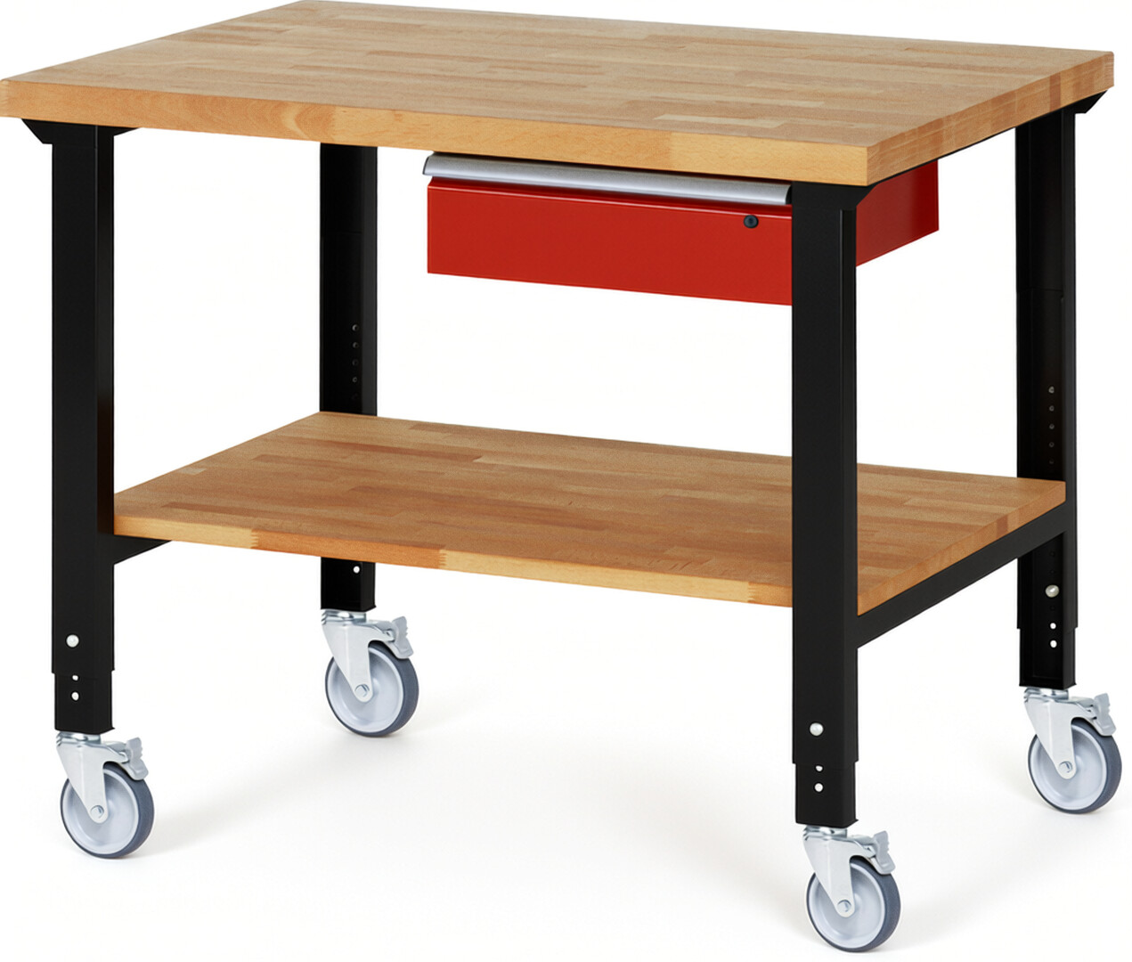 RAU Werkbank schwarz - rot - Breite 125 cm - Tiefe 90 cm - Höhe 100 cm - Buche-Massiv Arbeitsplatte 40 mm