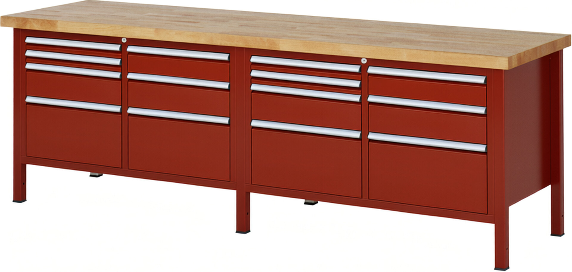 Werkbank Modell 8476 rot, BxTxH 2500x700x840 mm,  Buche-Massiv Arbeitsplatte 40 mm,  14 Schubladen mit  Vollauszug 100 % und  SoftClosing