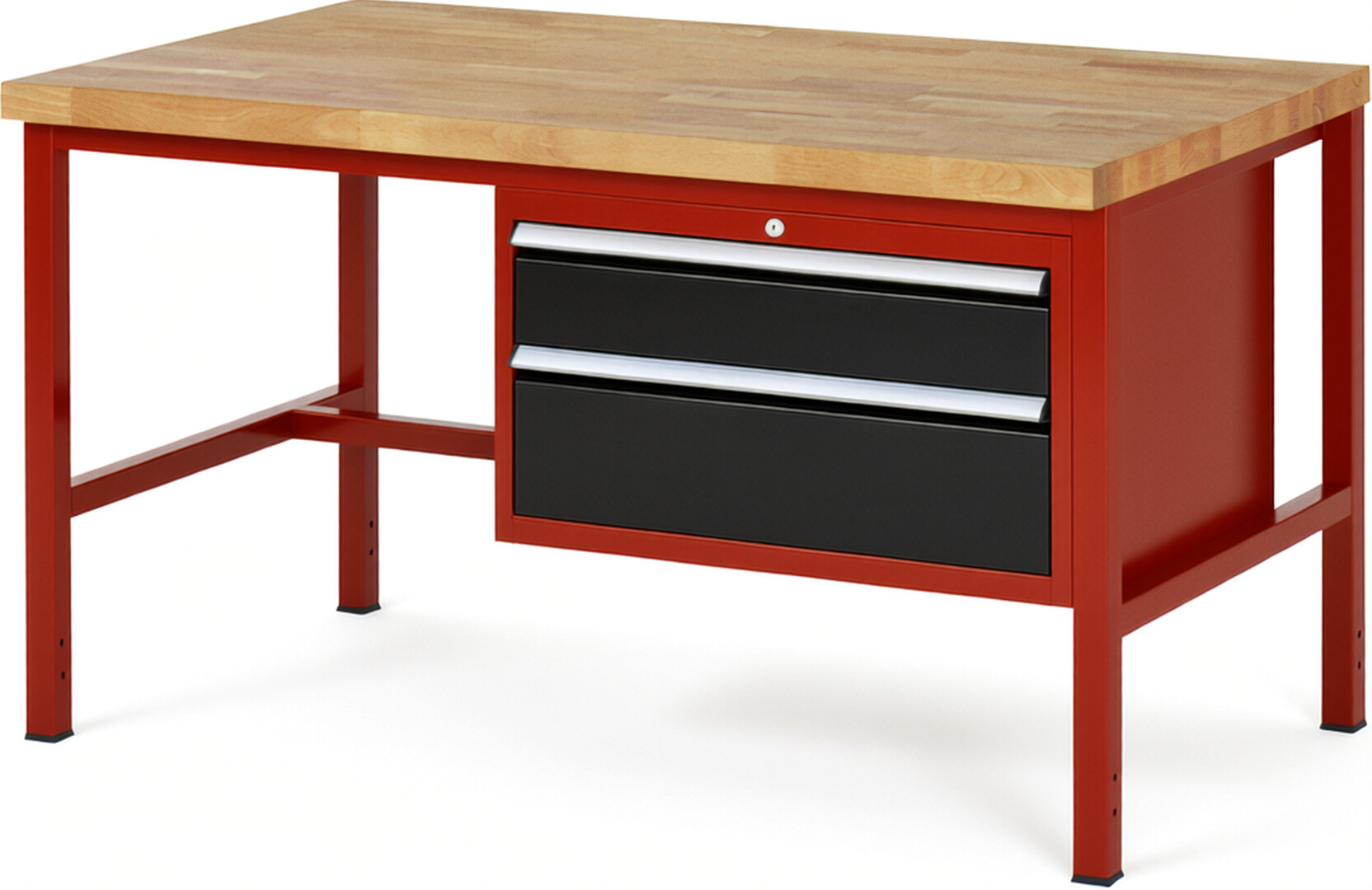 Werkbank Modell 8223 rot - schwarz, BxTxH 1500x900x840 mm,  Buche-Massiv Arbeitsplatte 40 mm,  2 Schubladen mit  Vollauszug 100 % und  SoftClosing