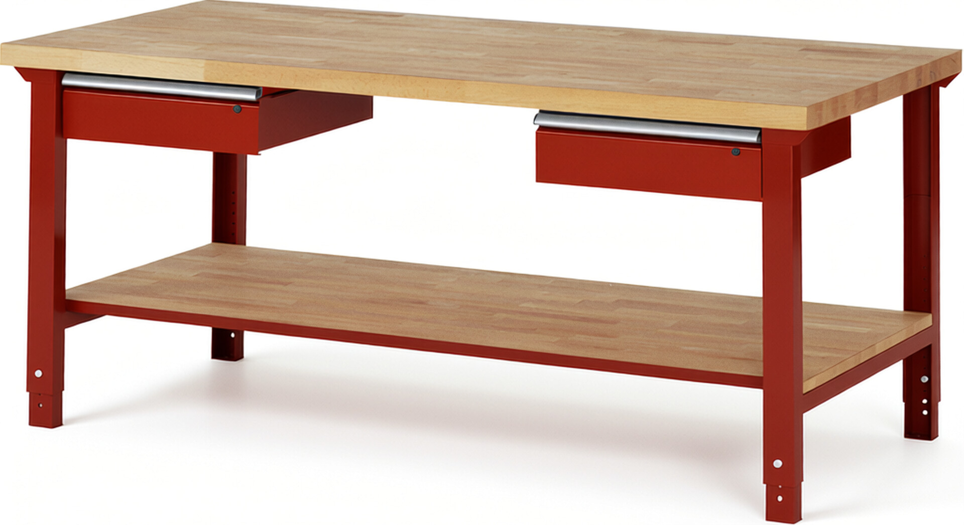 Werkbank Modell 7002 rot, BxTxH 2000x900x790-1140 mm,  Buche-Massiv Arbeitsplatte 40 mm,  2 Schubladen mit  Auszug 90 %